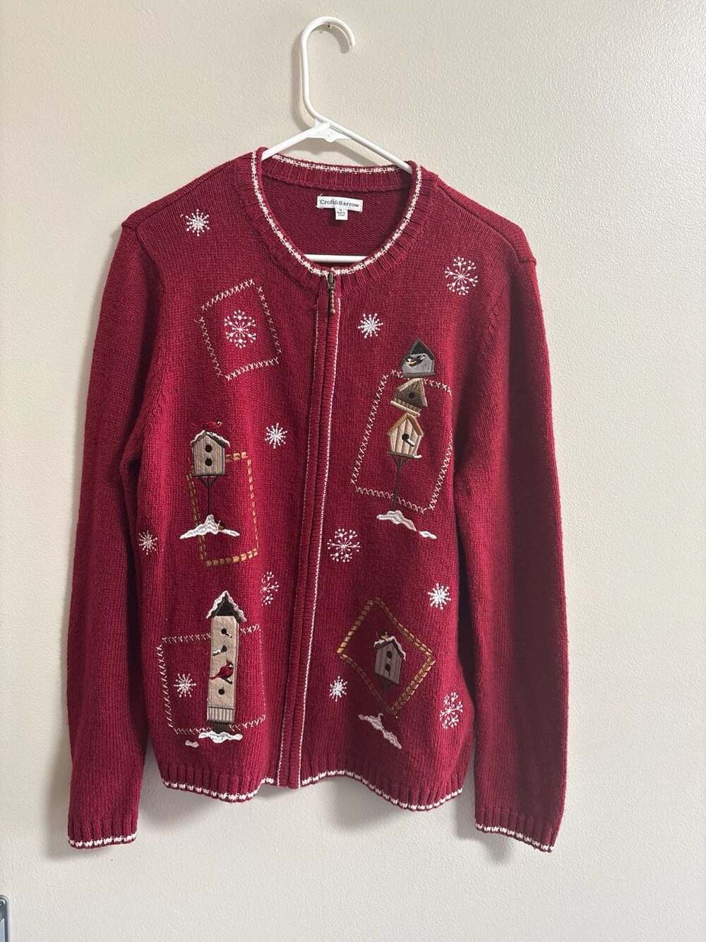 Croft & Barrow Red Knit Full Zip Cardigan Sweater with Embroidered Birdhouses an